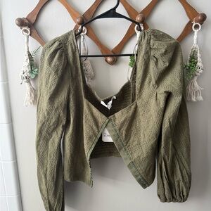 Altar’d State Olive Green Puff Sleeve Blouse | Boho Peasant Top | Size Large NWT